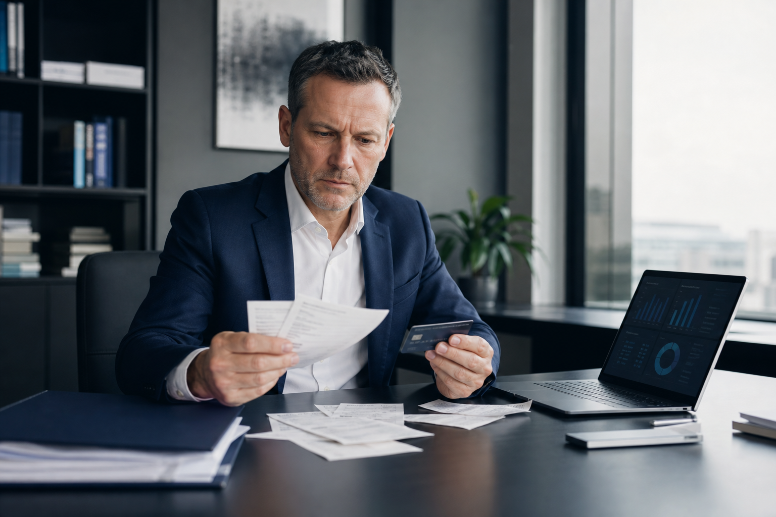 Şirket kredi kartı, masraf belgeleri ve finansal kayıtları inceleyen yönetici